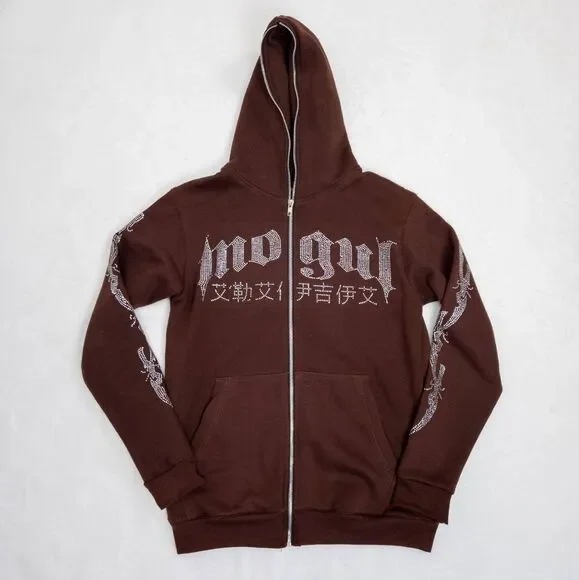 Mogul Full-Zip Hoodie - Brown Rhinestone Embellished - Y2K Streetwear - XS - Picture 1 of 6